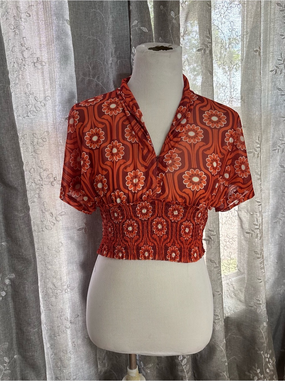 Urban Outfitters Orange Floral Smocked Crop Top